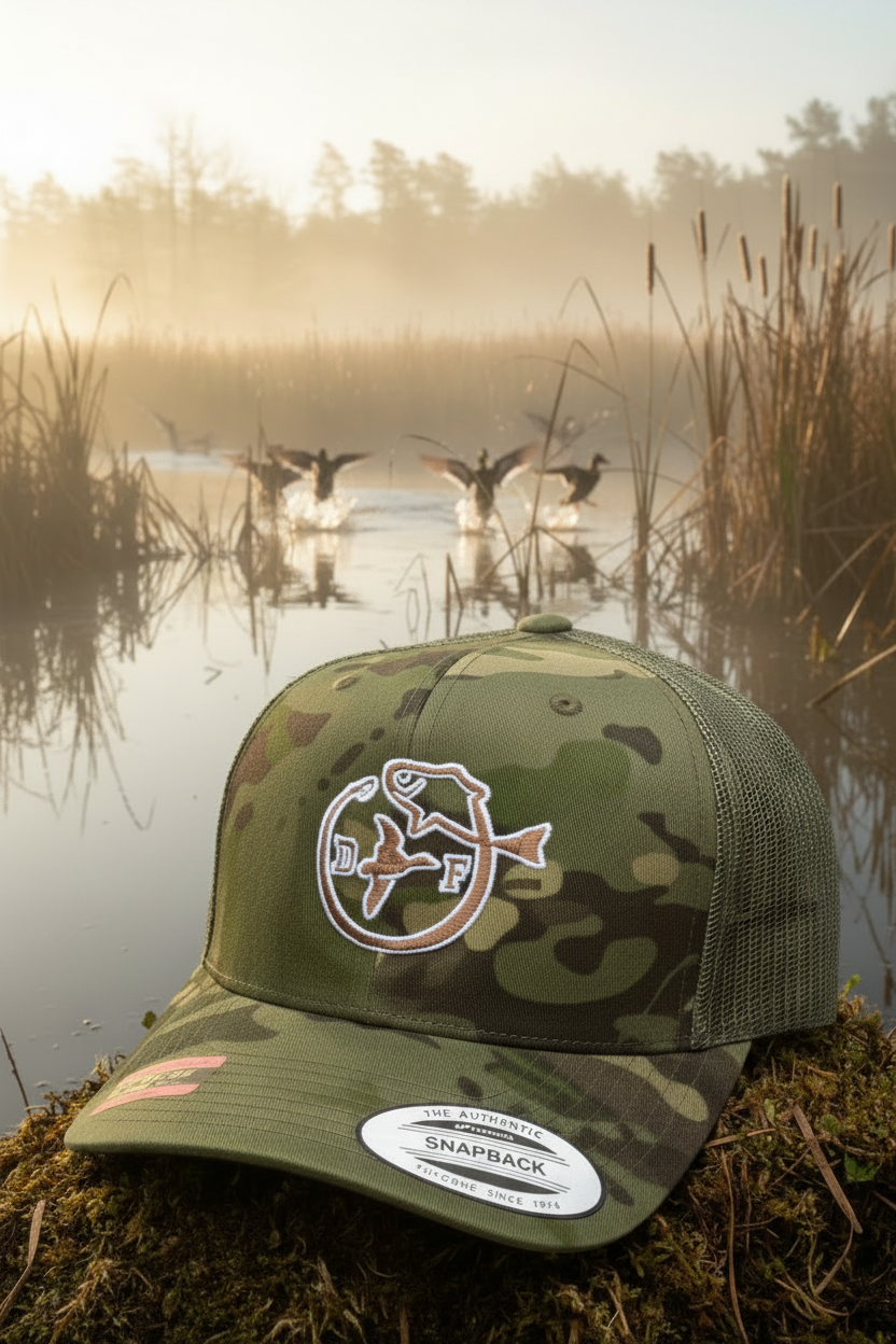 A camouflage trucker cap with a circular fish logo on the front, resting on a white surface with an outdoor gravel background.